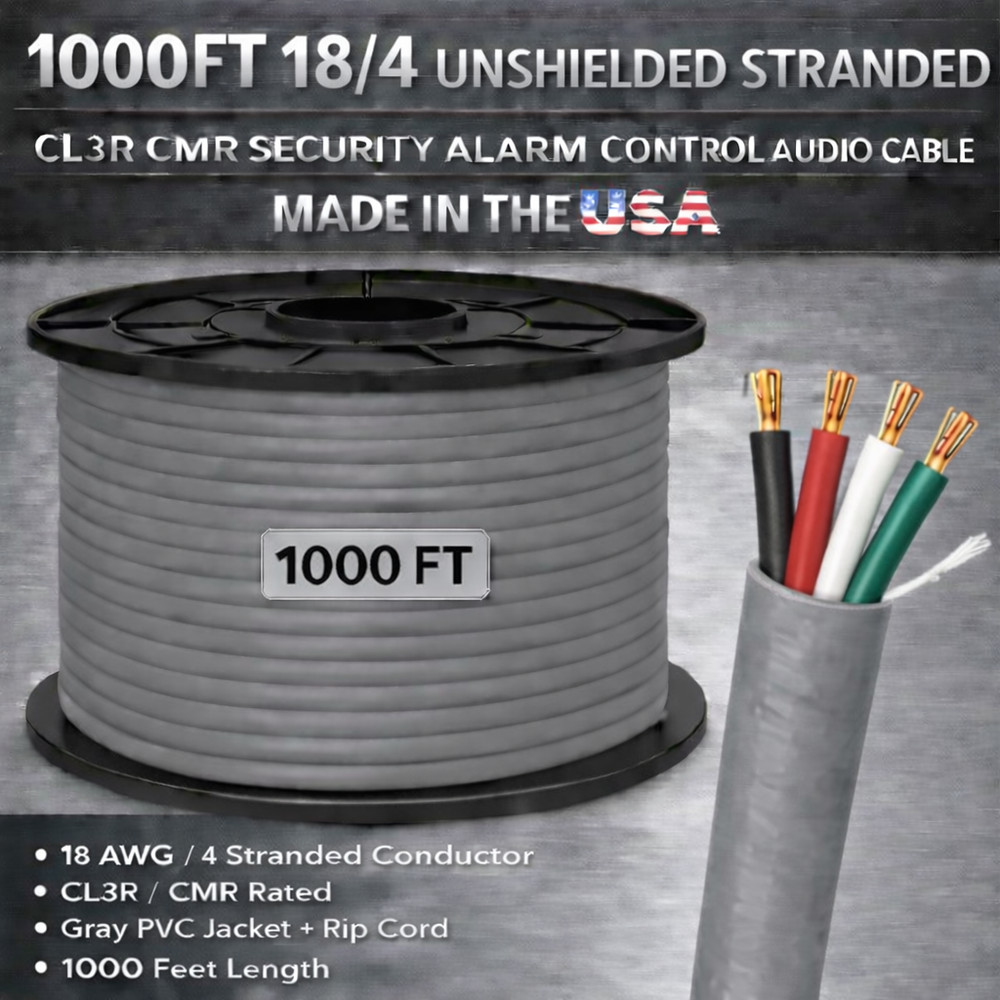 1000FT 18/4 Unshielded Stranded CL3R CMR Security Alarm Control Audio Cable