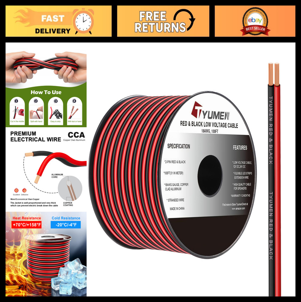 18 Gauge 100FT Electrical Wire, 18/2 AWG Red Black Hookup Cable for LED Strips,