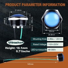 22mm 110VAC 220VAC Metal LED Indicator Light Waterproof IP67 Raised Head Blue