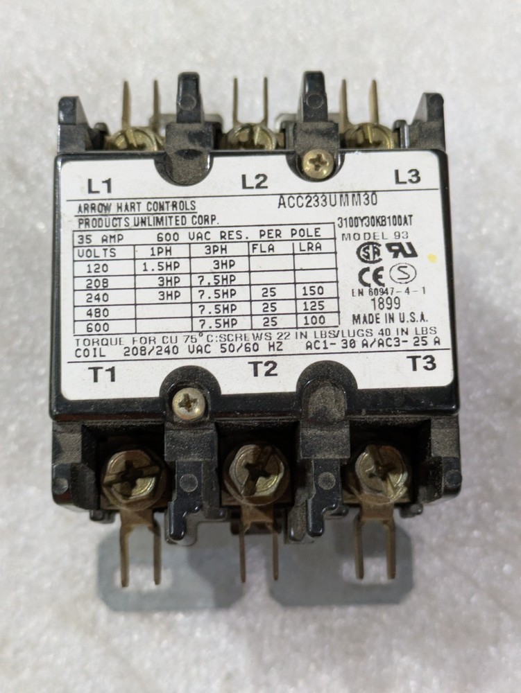 Arrow Hart ACC233UMM30 3-Pole Definite Purpose Contactor 30A 600V 208/240V Coil