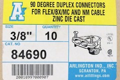 CASE OF 10 ARLINGTON 84690 3/8″ 90DEG DUPLEX CONNECTORS FOR FLEX/BX/MC, DIE/CAST