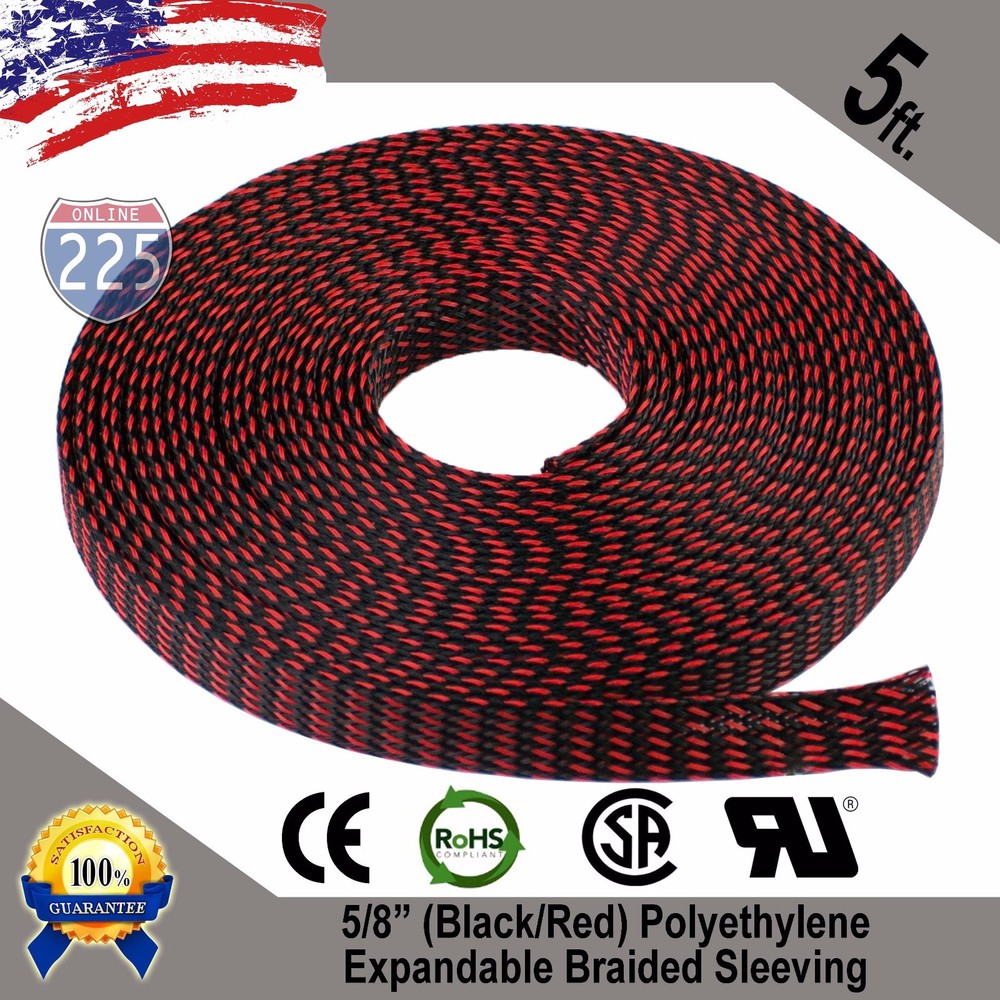 5 FT. 5/8″ Black Red Expandable Wire Sleeving Sheathing Braided Loom Tubing US