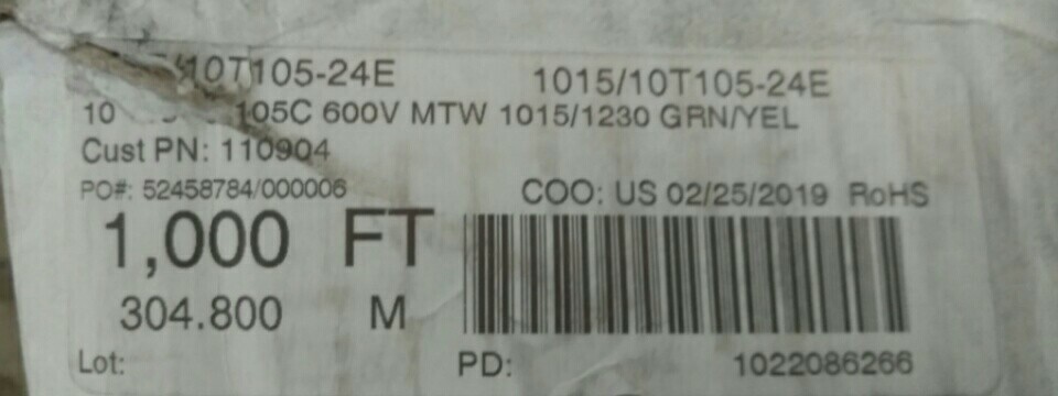 NEW 1015/10T105-24E 105C 600V MTW 1015/1230 GRN/YEL