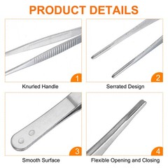 2 Pcs 7-Inch Stainless Steel Straight Blunt Tweezers with Serrated Tip Polish