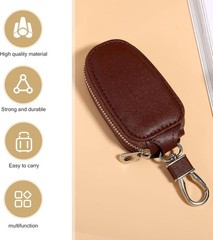 Leather Car Key Case with Metal Hook, Universal Key Holder for Women and Men (Br