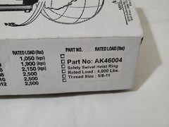 NEW ACTEK AK46004 SAFETY SWIVEL HOIST RING, Rated Load 4000 Lbs, 5/8-11 Thread