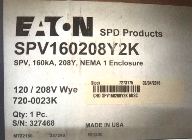 Eaton SPV160208Y2K: 160KA 208V Surge suppressor Nema 1 (New in Box)