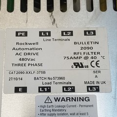 Rockwell Automation 2090-XXLF-375B Series A RFI Filter, 480VAC, 3 Phase, 75A