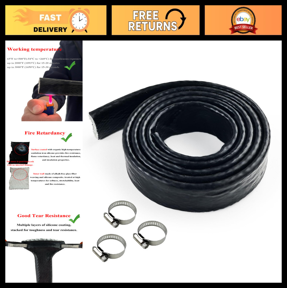 Heat Shielded Fire Sleeve 1.5″ ID Silicone Coated Fiberglass for Hose & Wiring –