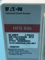 Eaton HFD3080 Industrial Circuit Breaker, HFD 65k, 80A, 3P, 600VAC, 186588