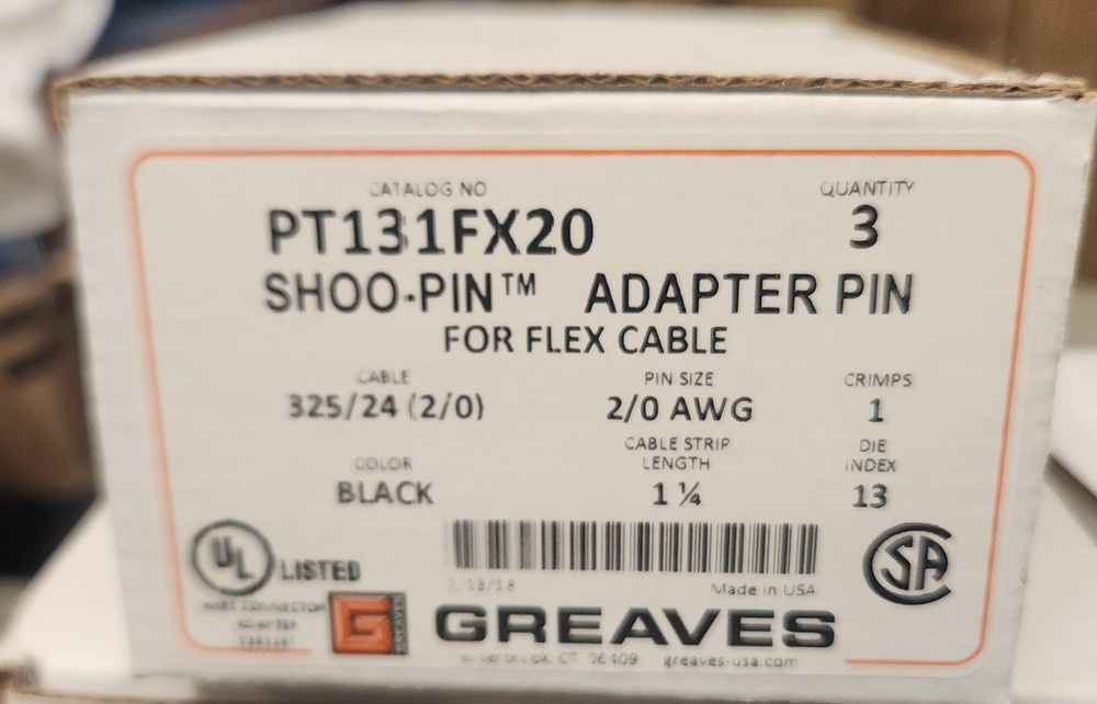 Greaves PT131FX20, 2/0 AWG, Compression Pin Adapter with Insulating Cover, 1pc