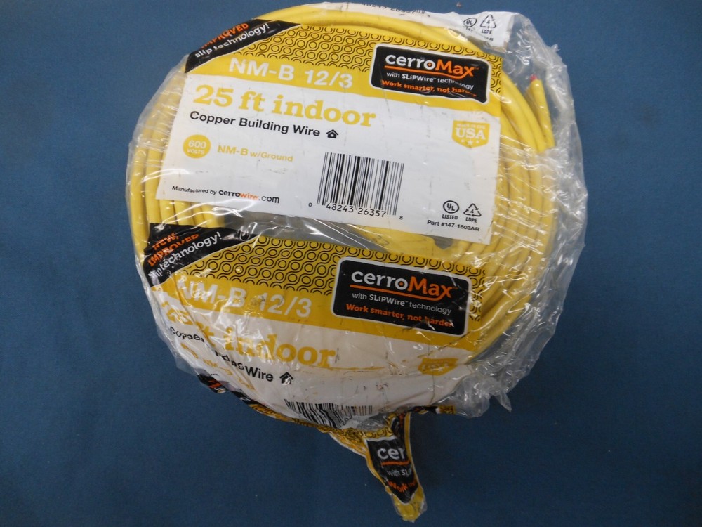 Cerrowire 147-1603AR 25-Foot 12/3 NM-B Solid with Ground Wire, Yellow