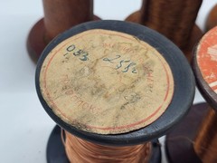 Vintage wooden spools with copper wire, 7 different pieces