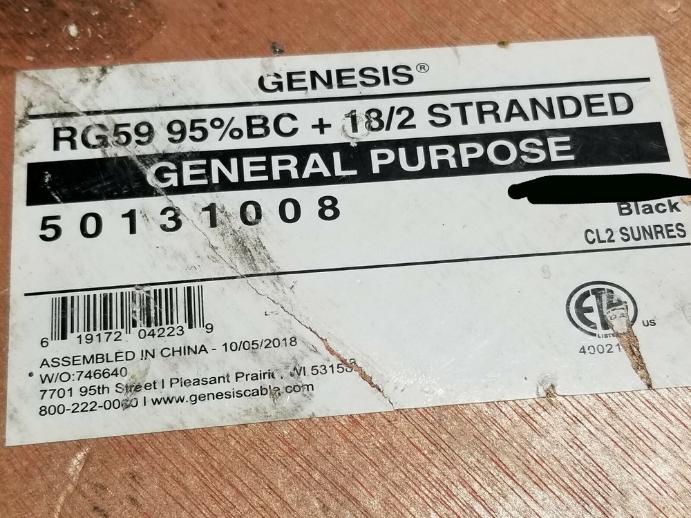 Southwire Genesis Cable 5013 RG59/U + 18/2C Siamese CCTV Camera Black /100ft
