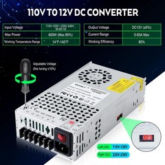 VAYALT DC 12V 50A 600W Switching Power Supply, 110V/220V AC to 12V, 12V-600W