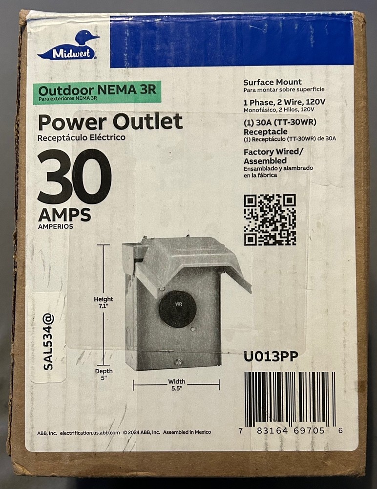 NEW Midwest Electric U013PP 30A 120V NEMA 3R surface mount Power Outlet Box