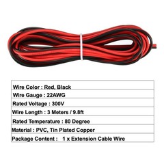 Red Black Wire 2pin Extension Cable Cord 22 AWG Parallel Wire 3 Meters Length