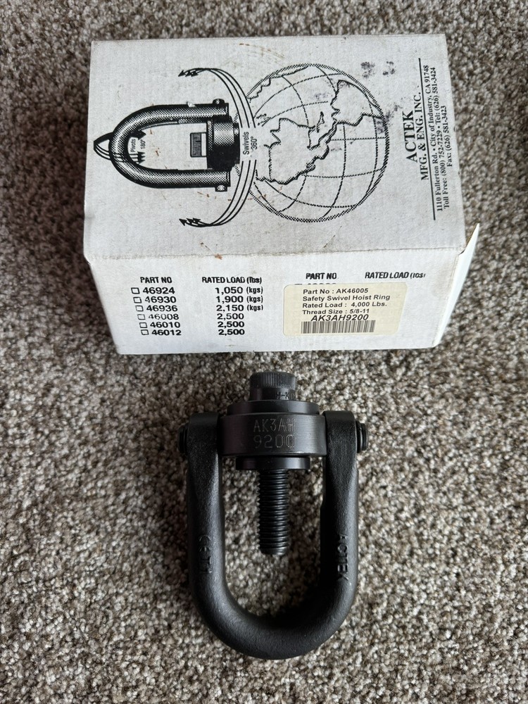 NEW ACTEK AK46002 5/8-11 SAFETY SWIVEL HOIST RING, Rated Load 4000 Lbs