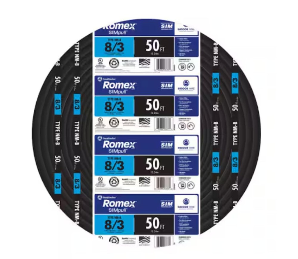 Southwire 63949232 8/3 Romex Type Nm-B W/g Non-Metallic Wire, 50 ft, Black