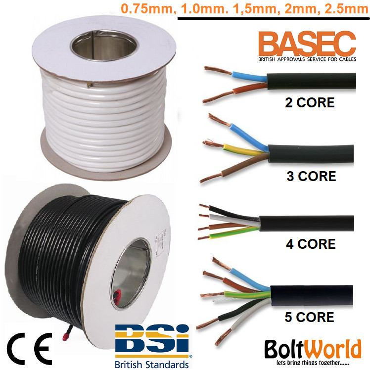 2 3 4 5 CORE ELECTRICAL FLEX ROUND CABLE WIRE 0.75mm 1mm 1.5mm 2.5mm BLACK WHITE