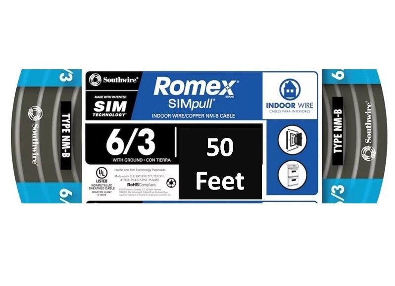 50 FT – 6/3 Wire ROMEX 6/3 W/Ground NM-B Cable Non-Metallic Free shipping – New