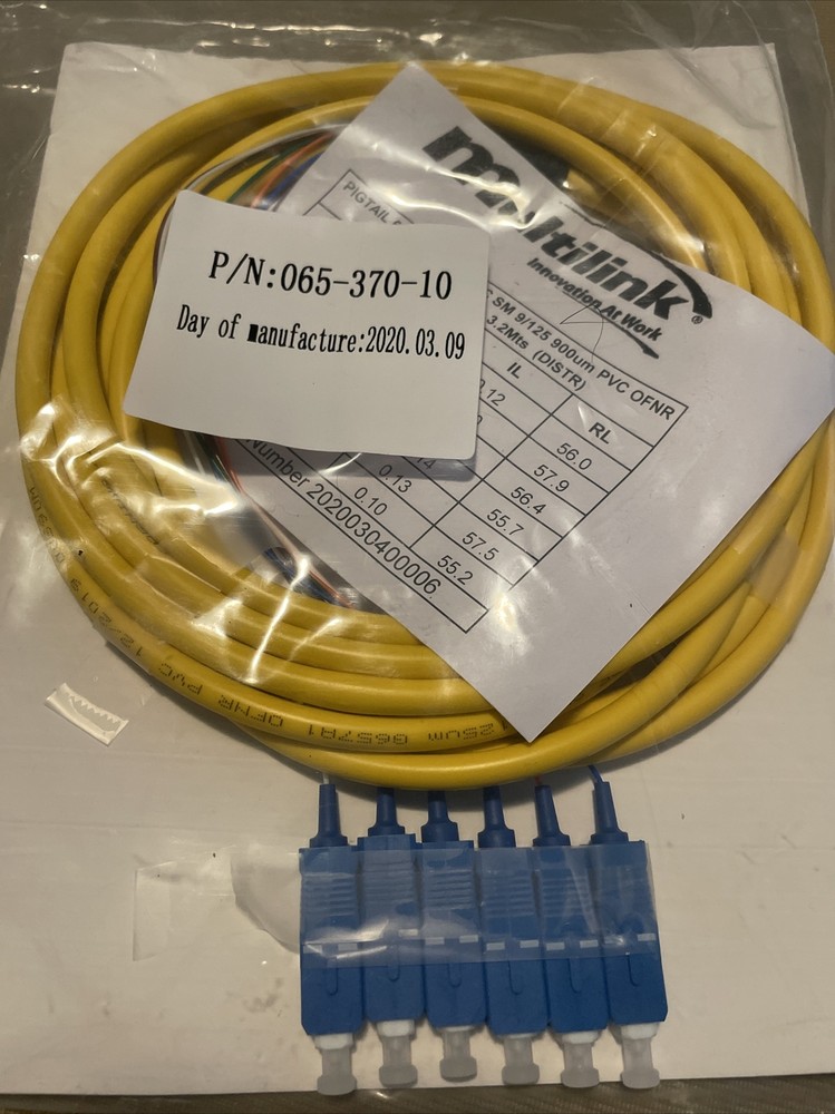 MULTILINK 065-370-10 FIBER OPTIC PIGTAIL CORDSET, NEW – 6 Strand SM SC Pigtails