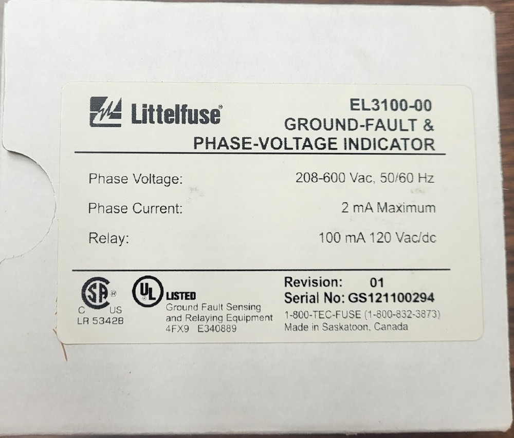 NEW Littelfuse EL3100-00 Ground-Fault & Phase Voltage Indicator 208-600 VAC 2mA