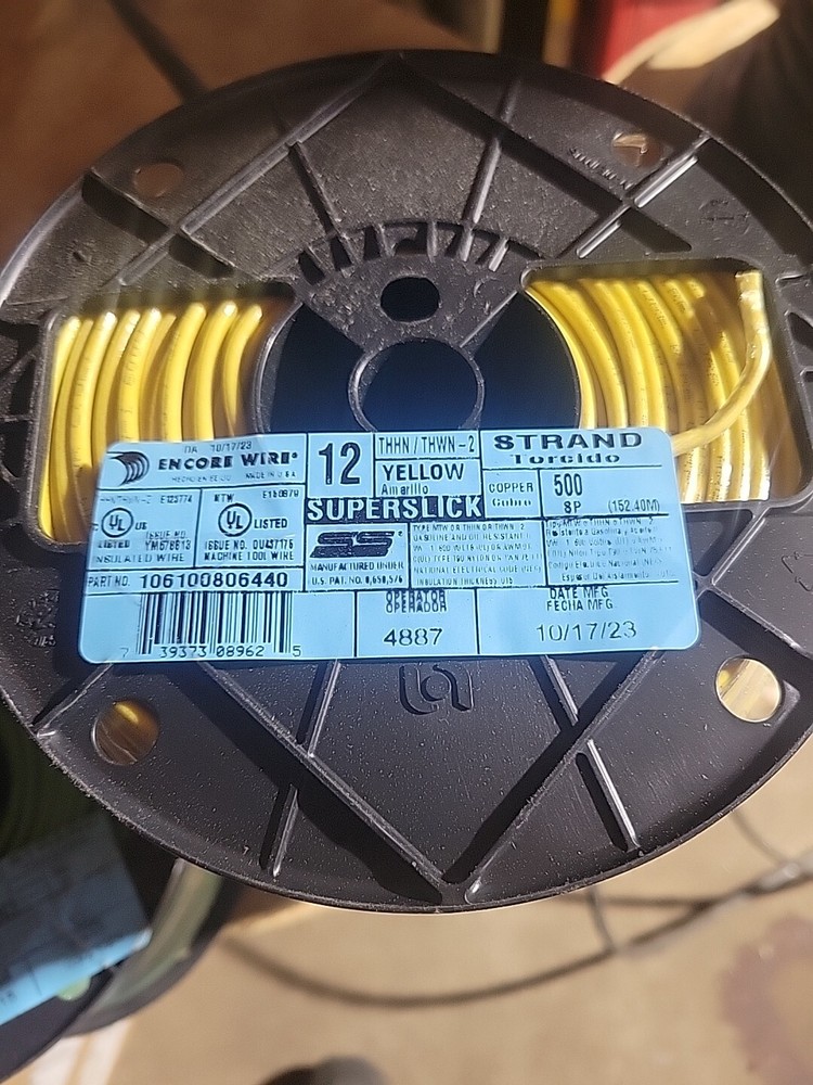 Encore THHN 12 AWG Yellow Copper Wire 500 Foot Spool P/N 106100806440 THWN-2