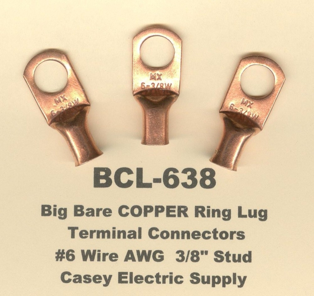 20 Bare Battery Big COPPER Ring Lug Terminal Connector #6 Wire Gauge 3/8″ Stud