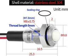 UL Listed Mini Indicator Light 8mm 0.31 Waterproof IP67 110V 120V Domed White