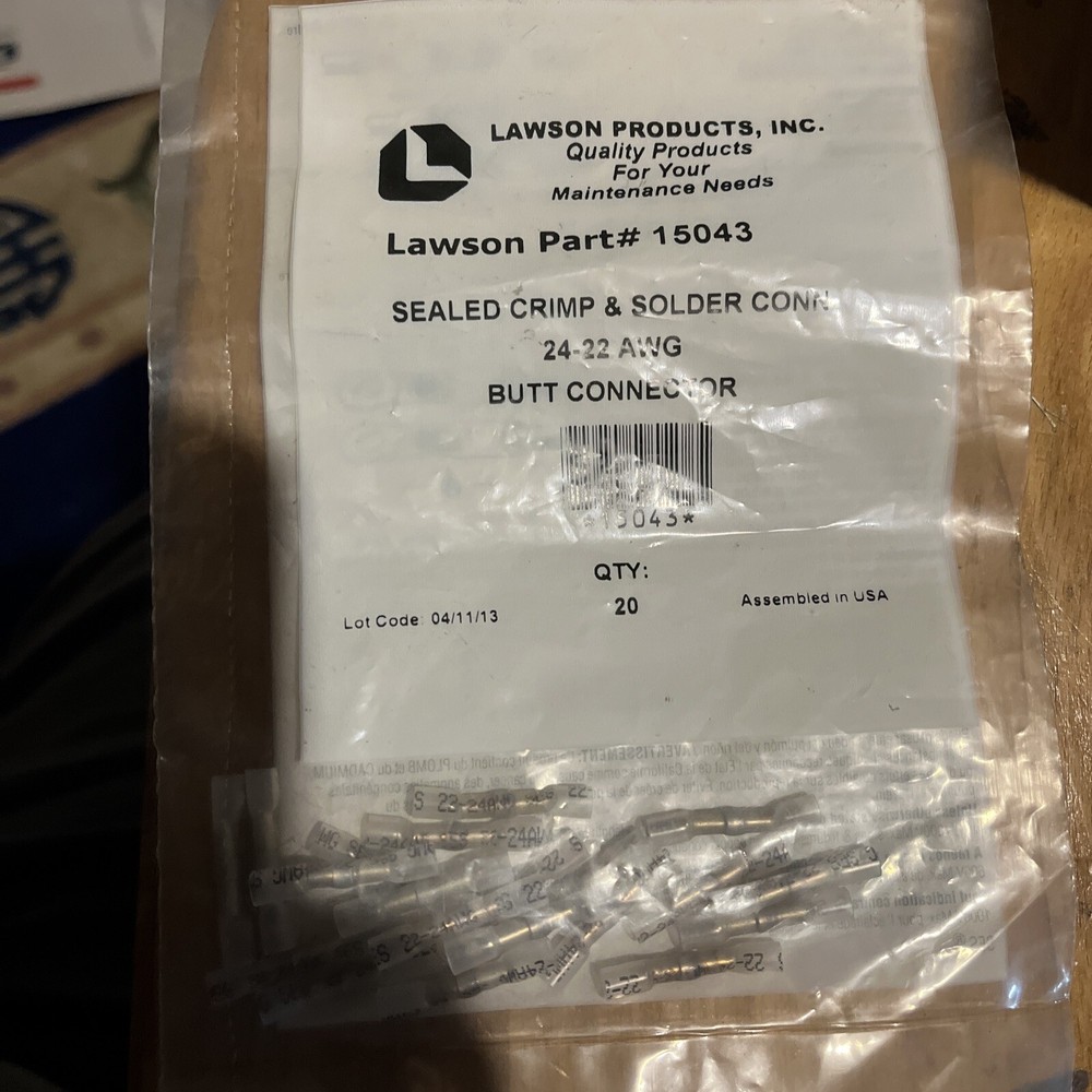 *** Lawson PN 15043 20 Pack Sealed Crimp & Solder Conn 24-22 AWG Butt Connector