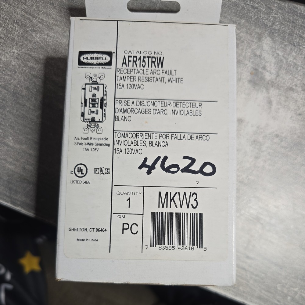 HUBBELL AFR15TRW ARC Fault Receptacle Tamper Resistant White 15A 125V 120VAC