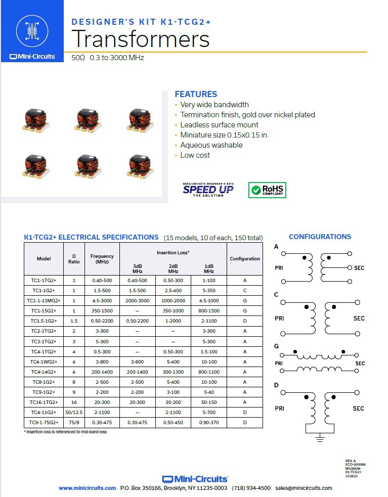 MINI-CIRCUITS K1-TCG2+ PCB-mount Transformer Design Kit 50Ω 0.3 to 3000 MHz