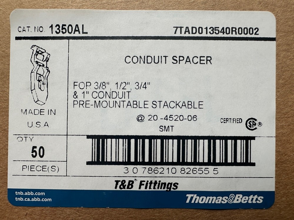 NEW Box of 50 Thomas & Betts 1350AL Aluminum Rigid Conduit Pipe Spacer 3/8 to 1″