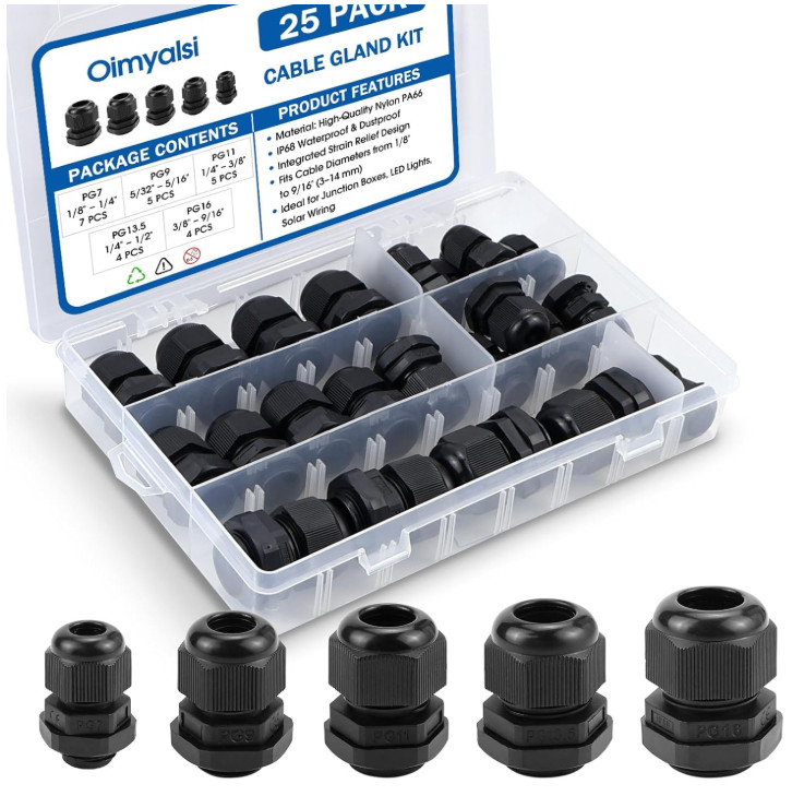 25 Pack Cable Gland Kit IP68 Waterproof Nylon PG7-PG16 Black