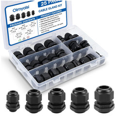 25 Pack Cable Gland Kit IP68 Waterproof Nylon PG7-PG16 Black