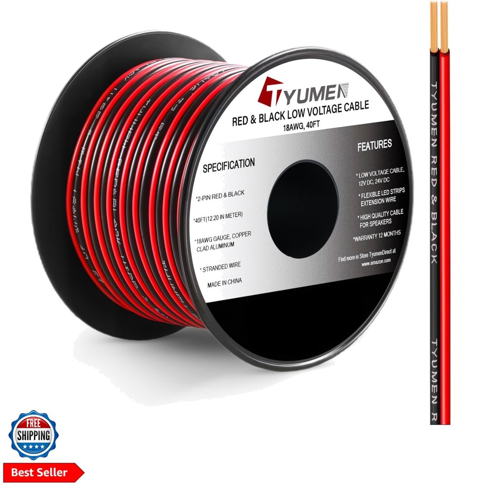 40FT 18 Gauge 2pin 2 Color Red Black Cable Hookup Electrical Wire LED Strips …