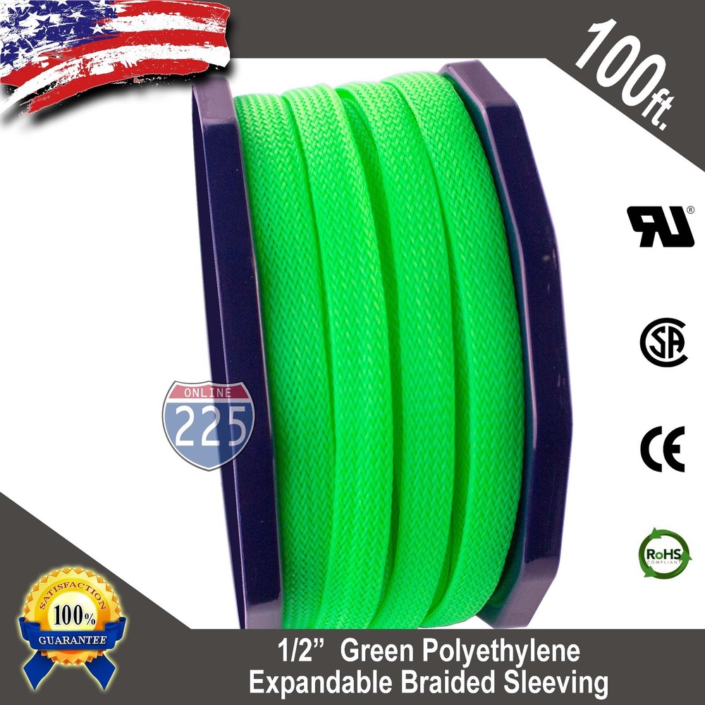 100 FT 1/2″ Green Expandable Wire Cable Sleeving Sheathing Braided Loom Tubing