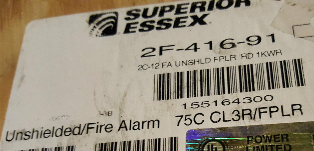 Superior Essex 2F-41x-91 12/2C Solid Riser Fire Alarm/Security Cable Red /50ft