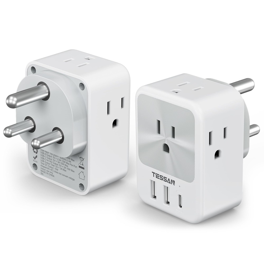 TESSAN US to India Plug Adapter 2 Pack Type D Travel Adapter 4 Outlets
