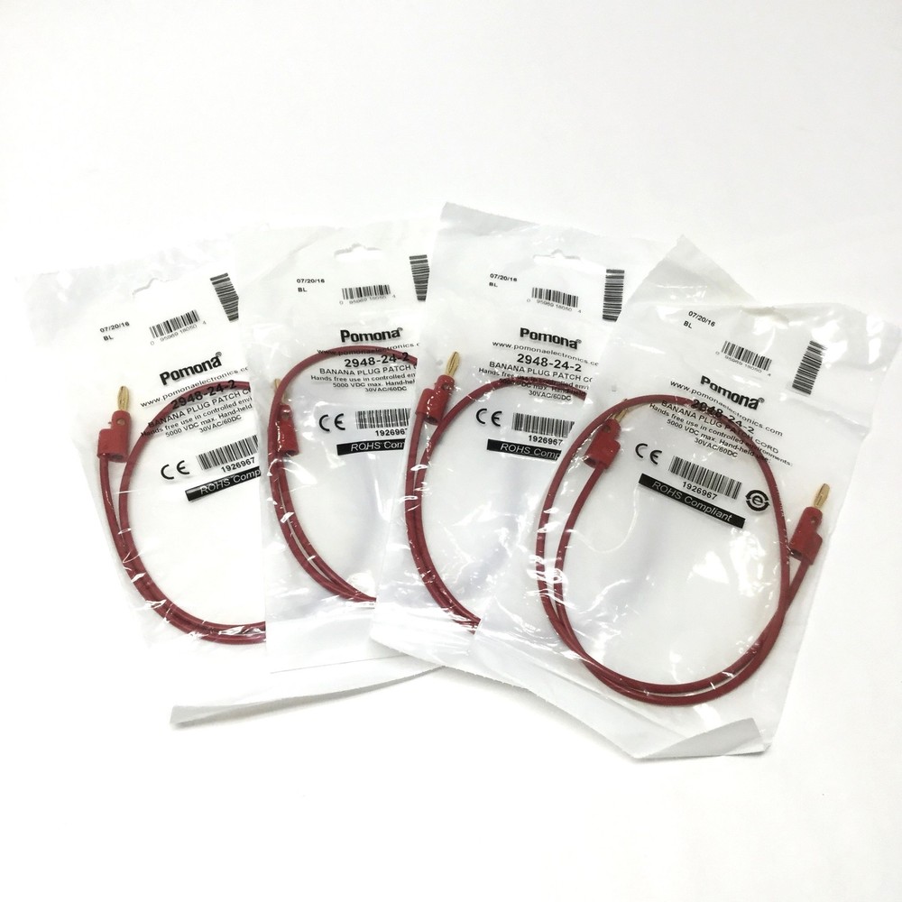 Lot of 4 Pomona 2948-24-2 Stackable Banana Plug Patch Cord Test Lead, Red, 24″ L