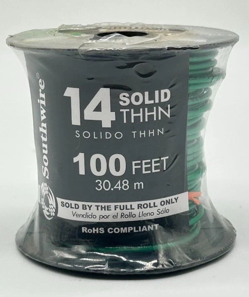 Southwire 600v Green THHN 14 Gauge Solid Wire, 100′ Single Wire Spool New