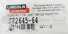 NEW BAG OF 5 LINCOLN ELECTRIC S22645-64 CONTACT TIP .045″ M8 CZ TIGHT TO