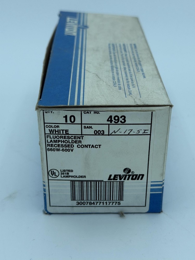 Leviton 493 Fluorescent Lampholder Recessed Contact 660W 600V White 10pk Mexico