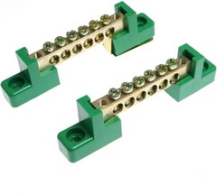 Brass 6 Position Terminal Bus Bar Block, Green Grounding Strip