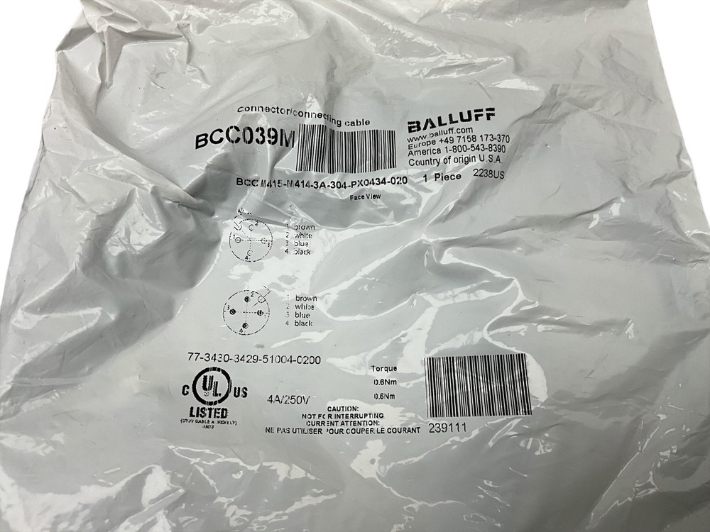 Balluff BCC039M Sensor Connector Cable M12 4-Pin Female 2m NEW