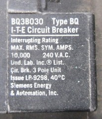I-T-E BQ3B030 CIRCUIT BREAKER 30A 240VAC 3 POLE TYPE BQ