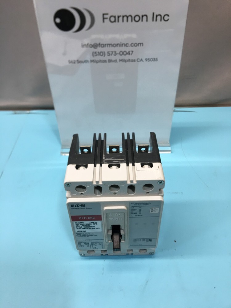 Eaton HFD3080 Industrial Circuit Breaker, HFD 65k, 80A, 3P, 600VAC, 186588