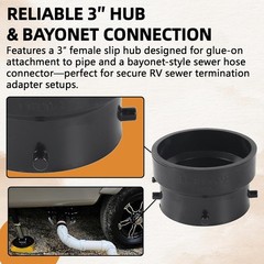 3″ RV Sewer Hose Bayonet to 3″ PVC Adapter with Thread Seal Tape, Black