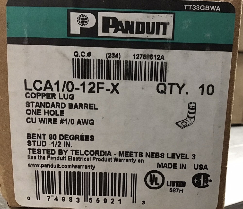 Panduit – (Box of 10) LCA1/0-12F-X – One-hole Copper Lug Barrel – NEW